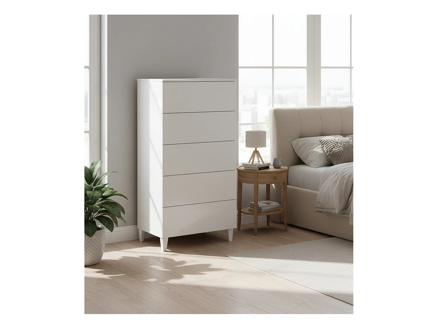 Dmora Ladekast Roseville 40x61x117h cm Wit, 5 Laden: Schuifopening en -sluiting