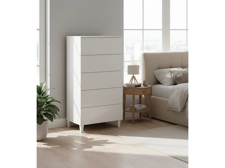 Dmora Ladekast Roseville 40x61x117h cm Wit, 5 Laden: Schuifopening en -sluiting