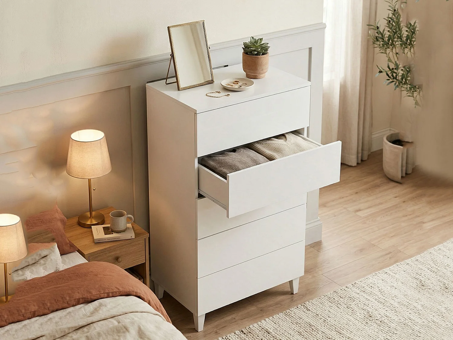 Commode Roseville, commode à 5 tiroirs, commode pour la chambre, commode moderne, 61x40h117 cm, blanc