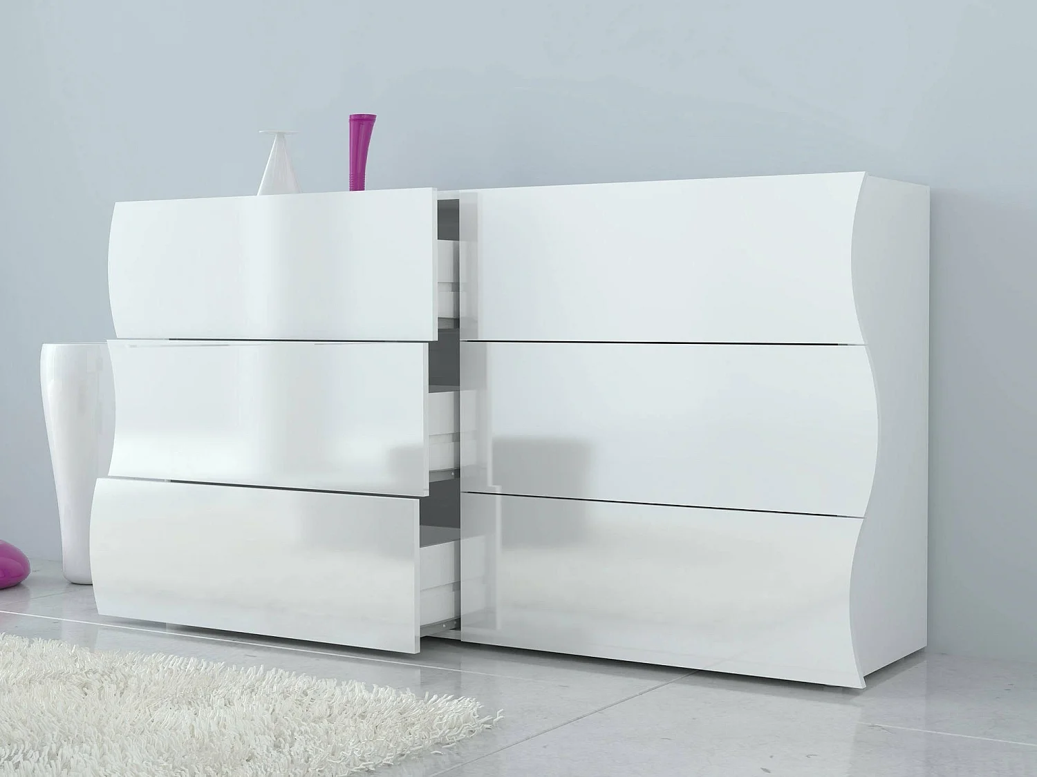 Commode Tyler, Commode 6 tiroirs, Commode de chambre, 100% Made in Italy, Blanc brillant, 155x40h82 cm