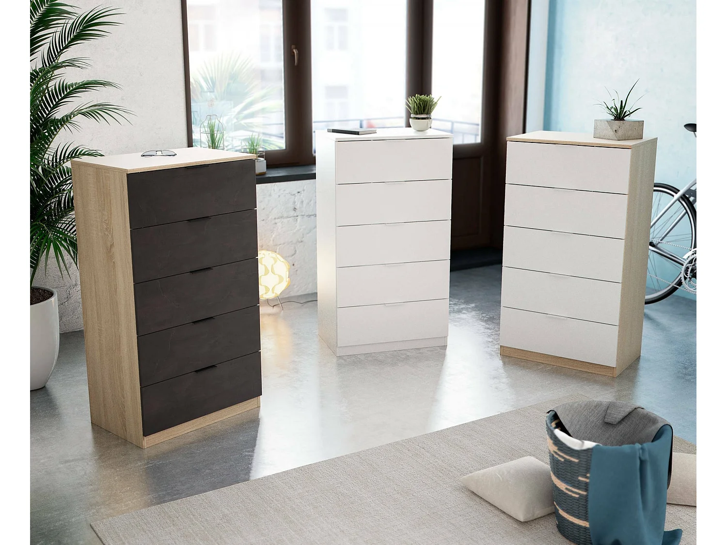 Commode Mesquite, Commode 5 tiroirs, Commode pour chambre à coucher, Commode moderne, 60x40h110 cm, Blanc