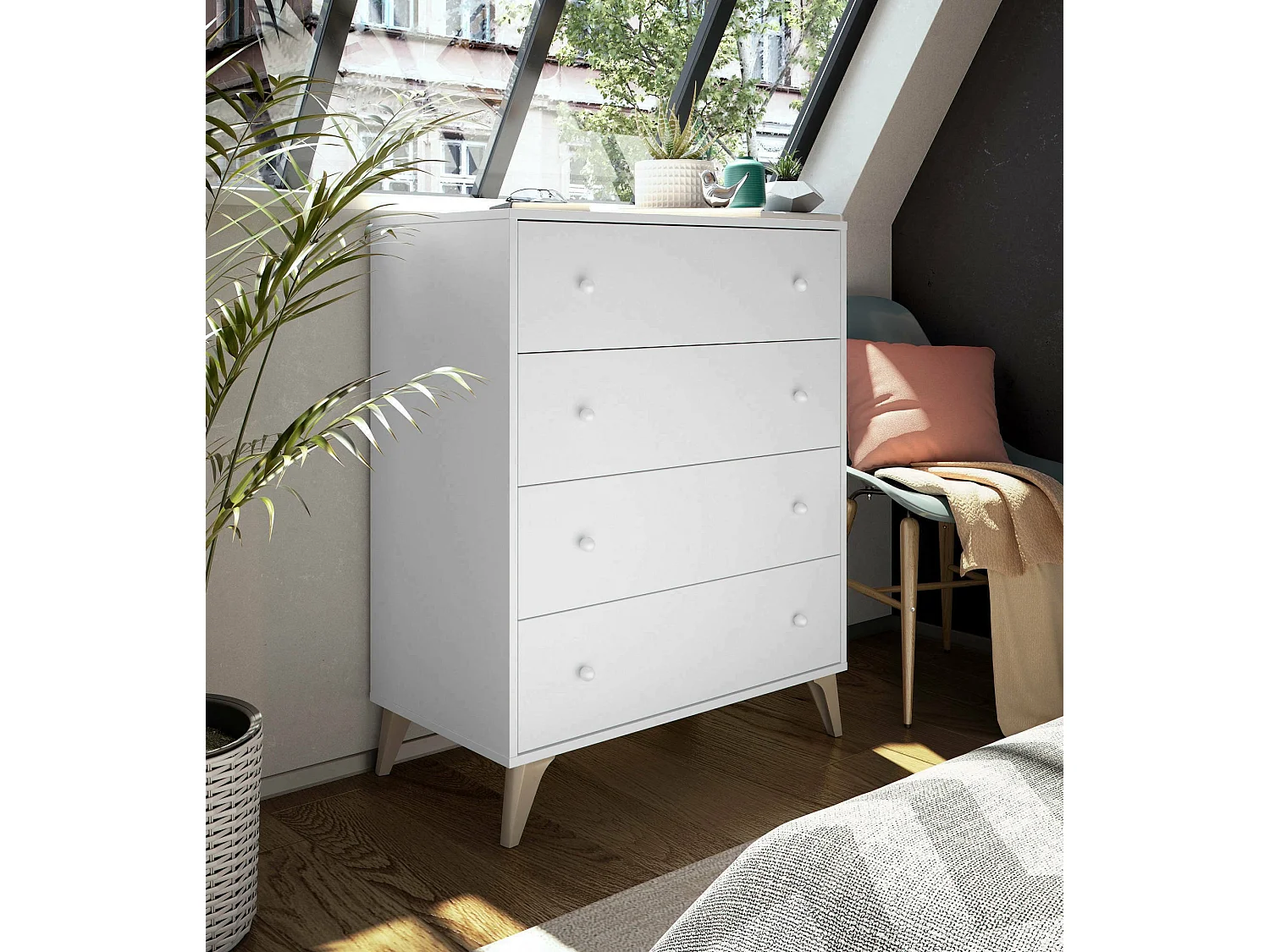 Commode Denver, commode 4 tiroirs, Commode pour la chambre, Commode moderne, 78x40h95 cm, Blanc