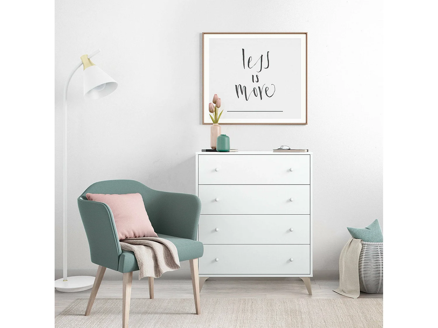 Commode Denver, commode 4 tiroirs, Commode pour la chambre, Commode moderne, 78x40h95 cm, Blanc
