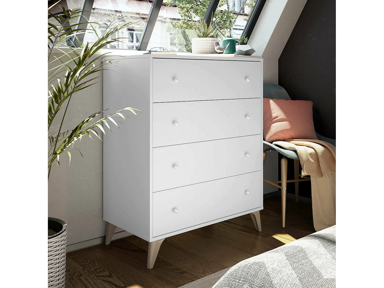 Commode Denver, commode 4 tiroirs, Commode pour la chambre, Commode moderne, 78x40h95 cm, Blanc