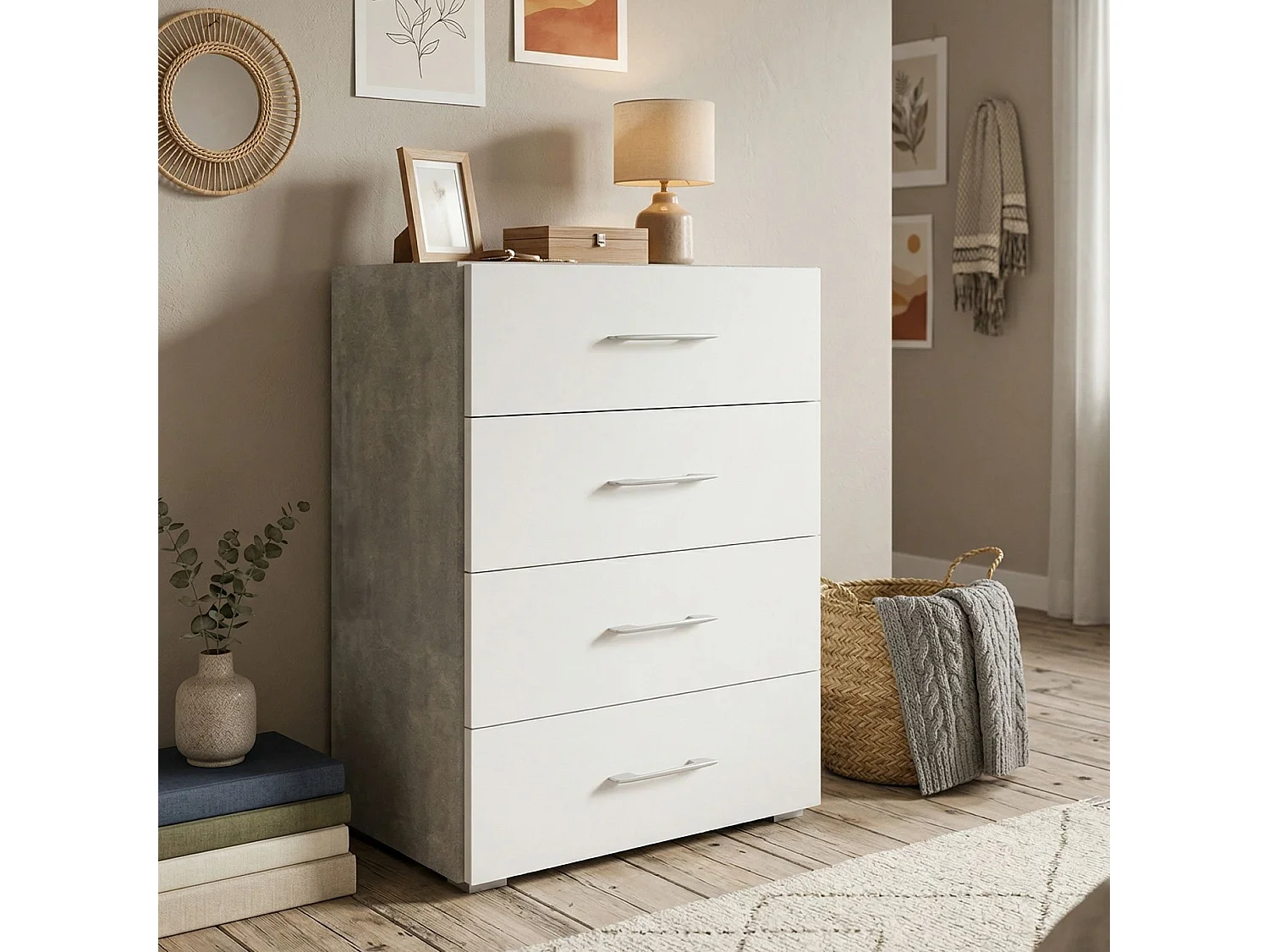 Commode Primula, Commode 4 tiroirs pour la chambre, Bureau polyvalent ou meuble d'étude, 60x41h87 cm, Ciment et Blanc