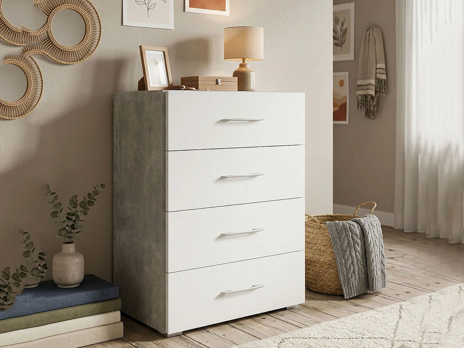 Cômoda Primula, cômoda com 4 gavetas para quarto, Armário multiuso de escritório ou estudo, 60x41h87 cm, Cimento e Branco