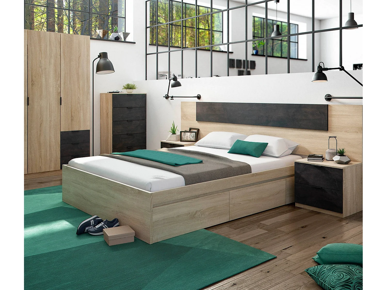 Cómoda Mesquite, cómoda con 5 cajones, cómoda para el dormitorio, cómoda moderna, 60x40h110 cm, roble y antracita