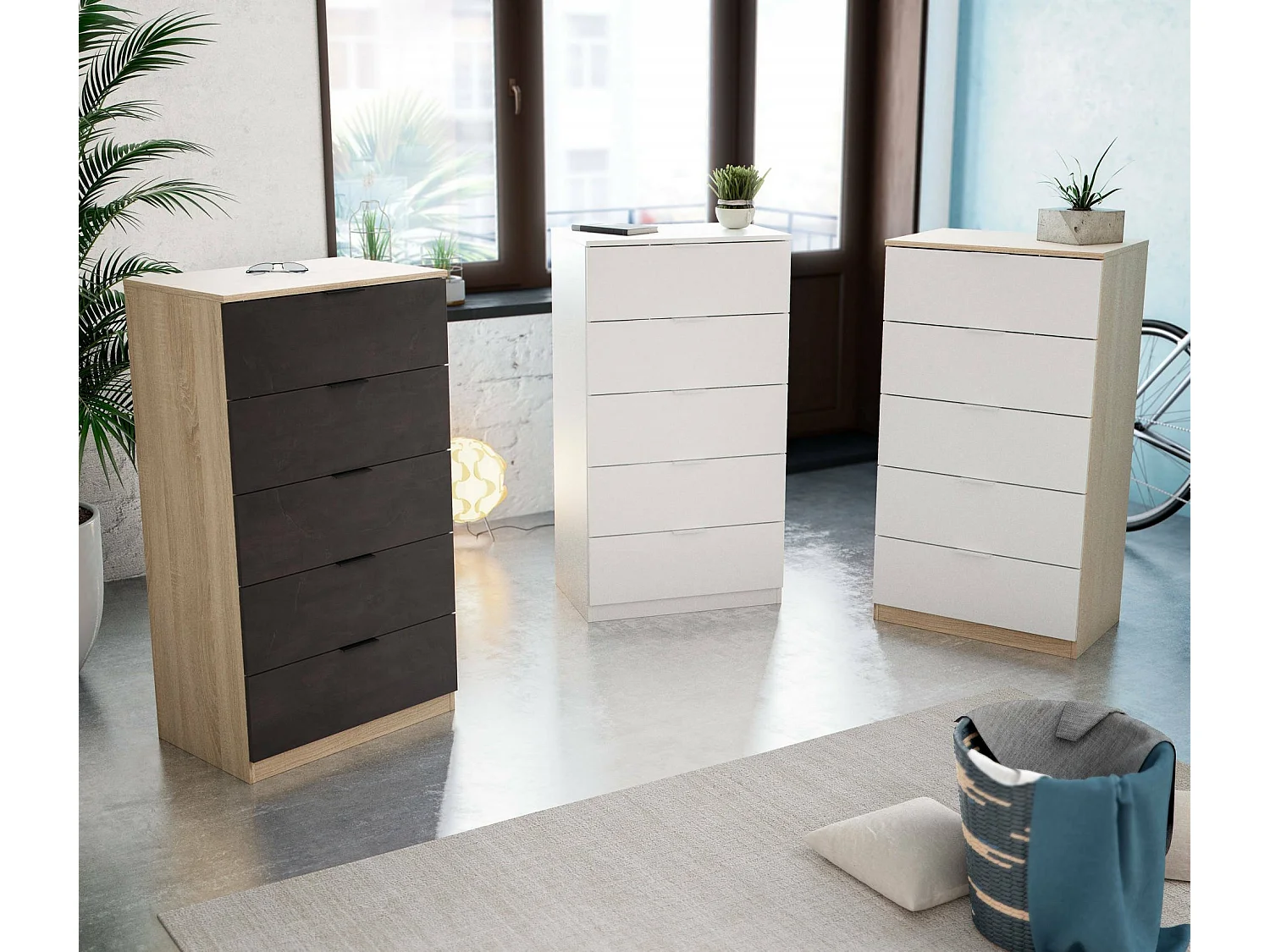 Cómoda Mesquite, cómoda con 5 cajones, cómoda para el dormitorio, cómoda moderna, 60x40h110 cm, roble y antracita