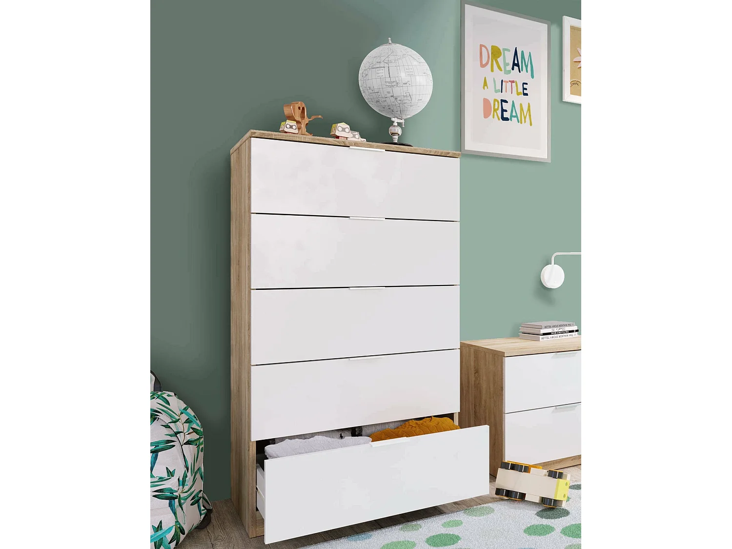 Commode Mesquite, commode à 5 tiroirs, commode pour la chambre, commode moderne, 60x40h110 cm, chêne et blanc