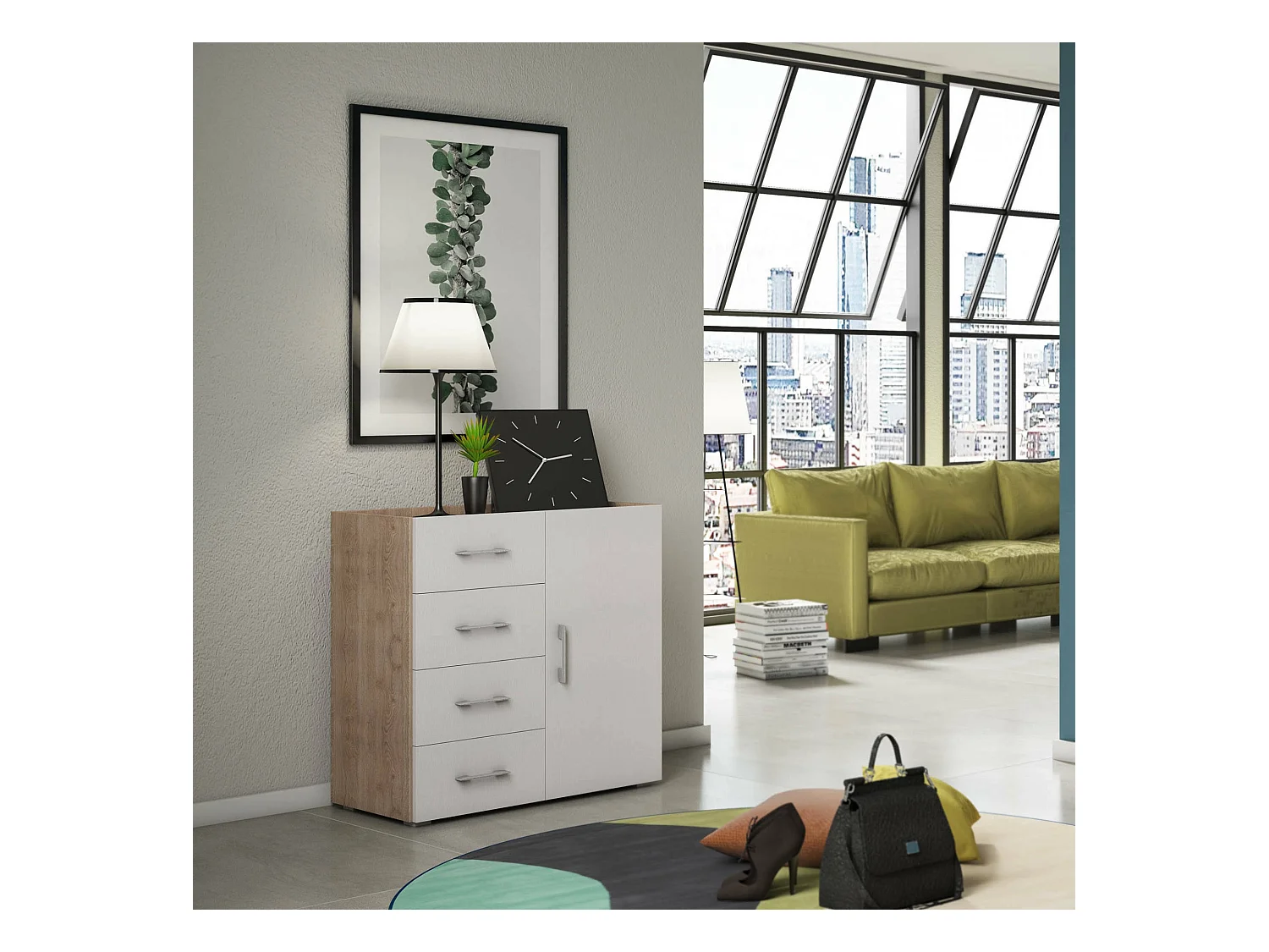 Aparador Violetta, Mueble buffet con 1 puerta y 4 cajones, Aparador de salón, Mueble multiusos con estantes, 100% Made in Italy, 90x41h87 cm, Blanco y Roble
