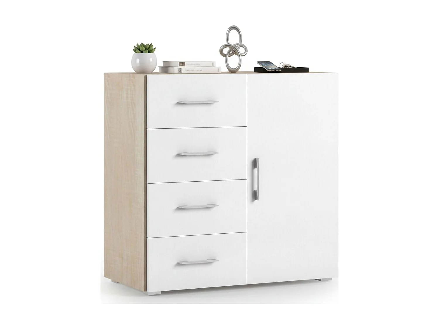 Buffet Violetta, Buffet avec 1 porte et 4 tiroirs, Buffet de salon, Armoire polyvalente avec étagères, 100% Made in Italy, 90x41h87 cm, Blanc et Chêne