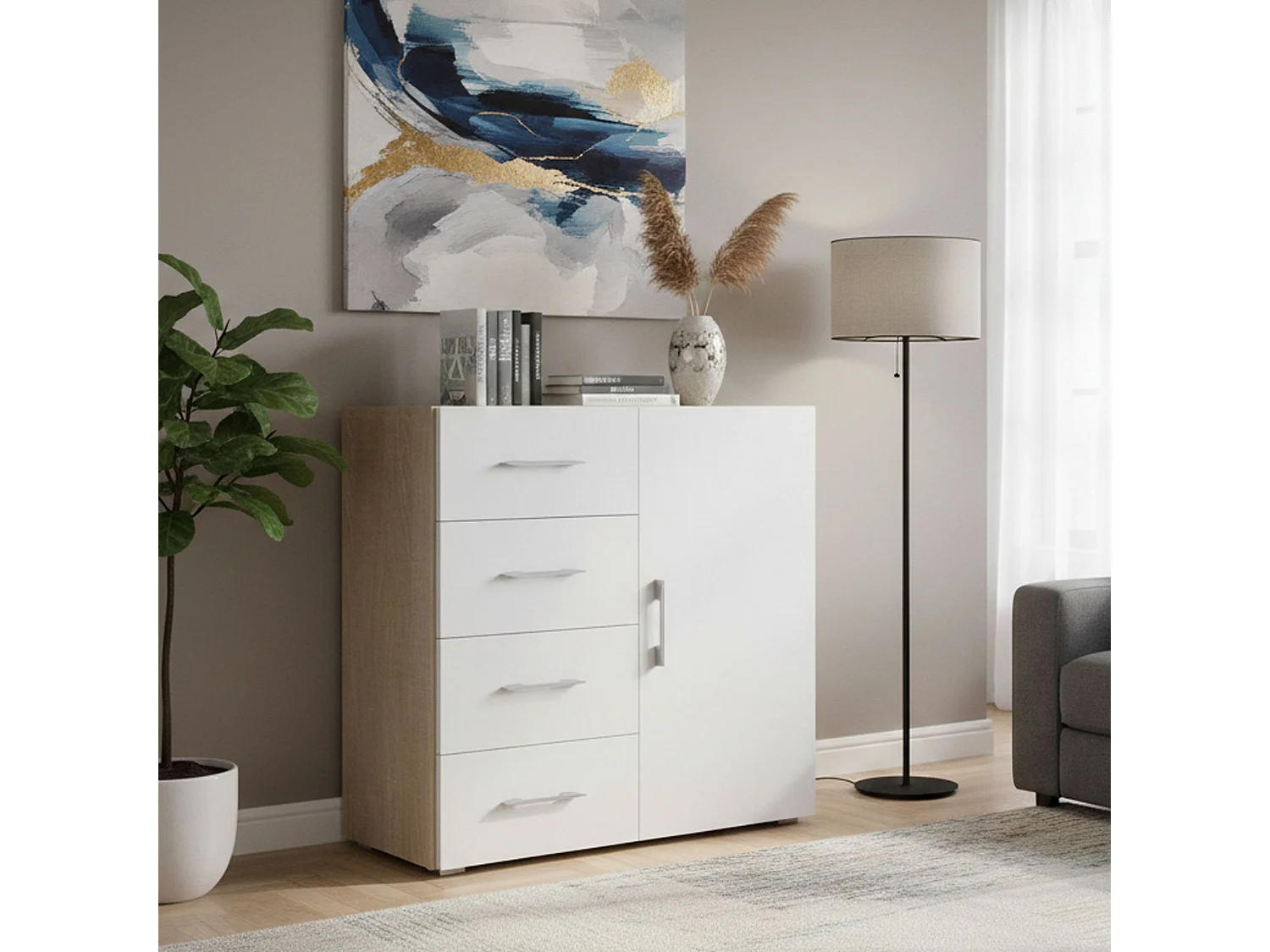 Aparador Violetta, Armário buffet com 1 porta e 4 gavetas, Aparador sala, Armário multiuso com prateleiras, 100% Fabricado na Itália, 90x41h87 cm, Branco e Carvalho