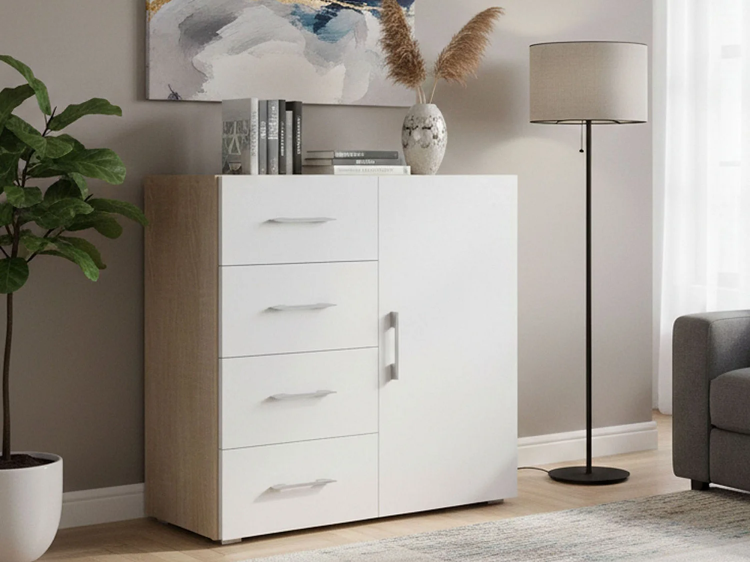 Buffet Violetta, Buffet avec 1 porte et 4 tiroirs, Buffet de salon, Armoire polyvalente avec étagères, 100% Made in Italy, 90x41h87 cm, Blanc et Chêne