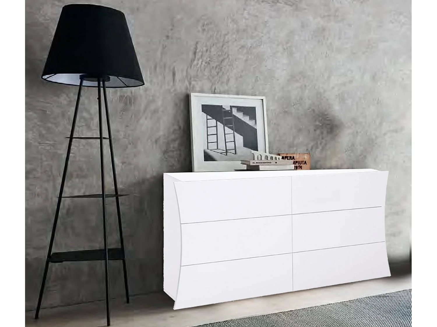 Commode Mauro, Commode 6 tiroirs, Commode de chambre, 100% Made in Italy, Blanc brillant, 155x40h82 cm