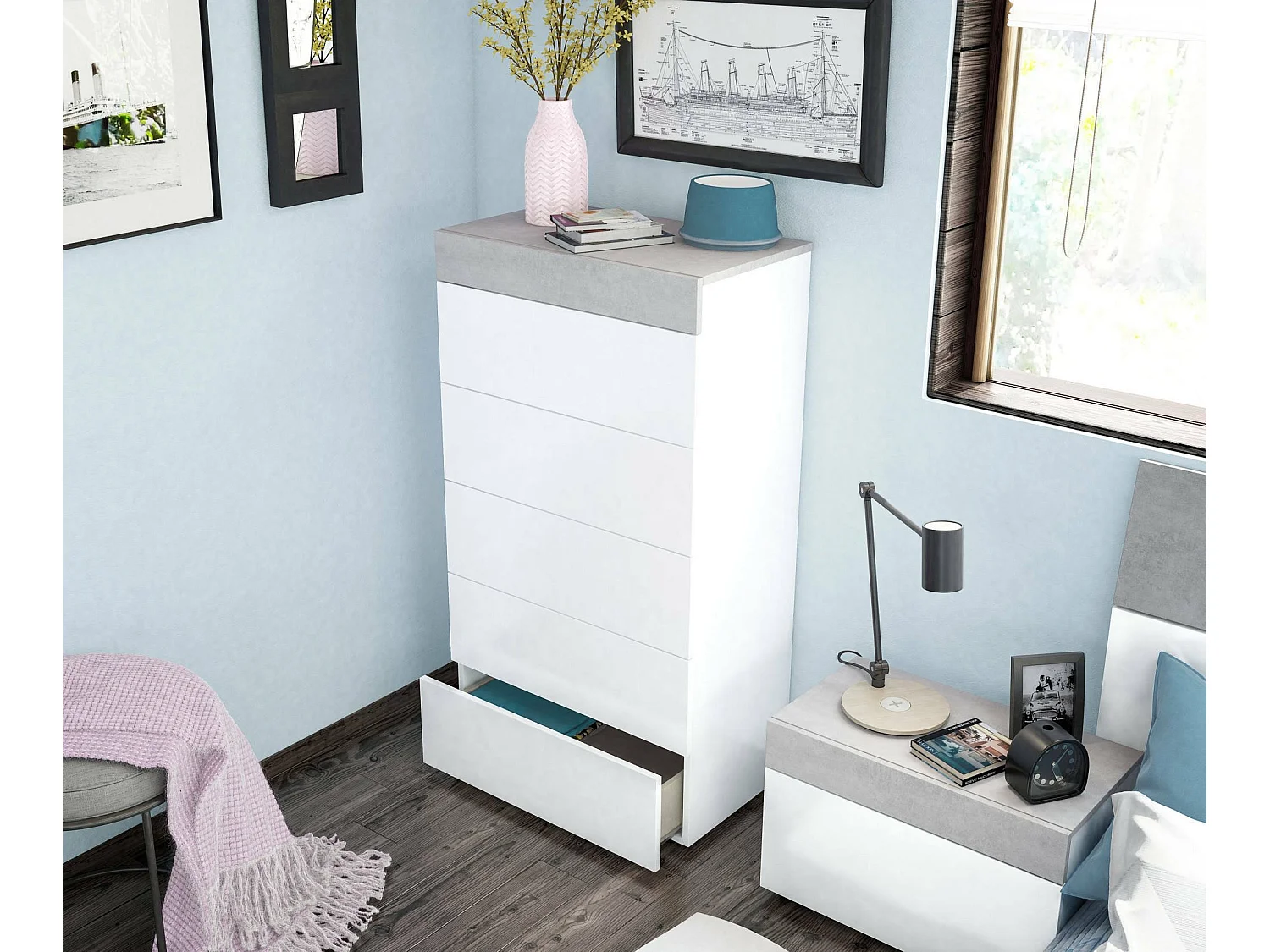 Cómoda Irving, Cómoda de 5 cajones, Cómoda para el dormitorio, Cómoda moderna, 61x40h118 cm, Blanco