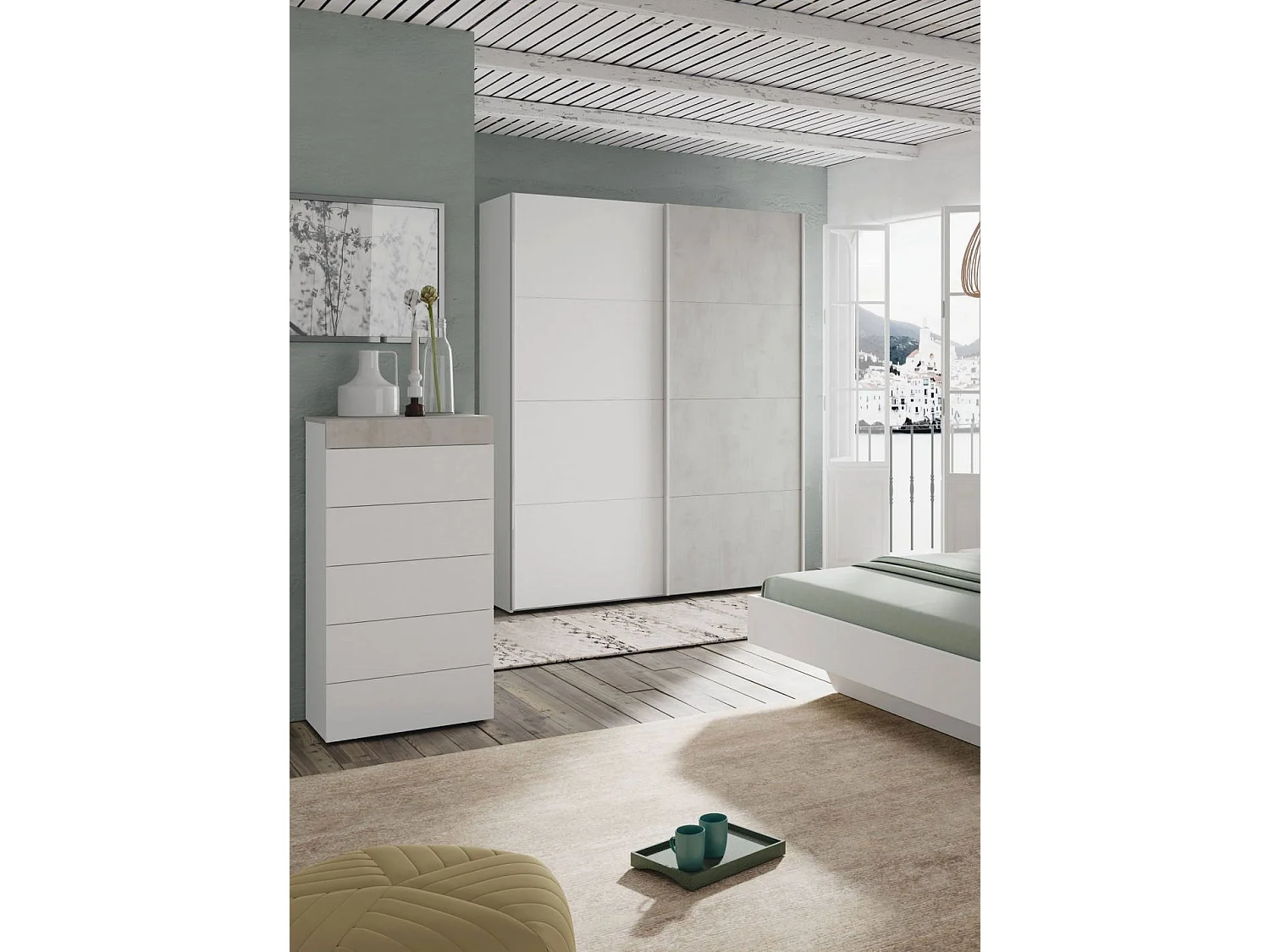 Commode Irving, commode 5 tiroirs, commode pour la chambre, commode moderne, 61x40h118 cm, blanc