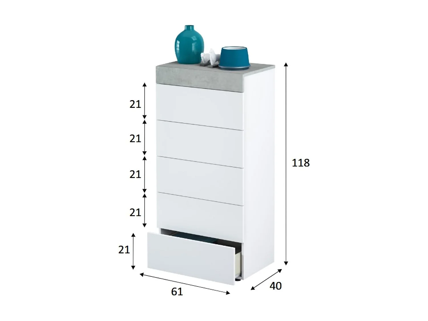 Dmora Ladenkast Irving Wit 40x61x118h cm, 5 Laden, Glijdende Opening en Sluiting
