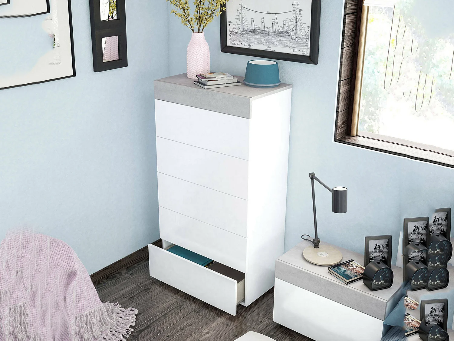 Commode Irving, commode 5 tiroirs, commode pour la chambre, commode moderne, 61x40h118 cm, blanc