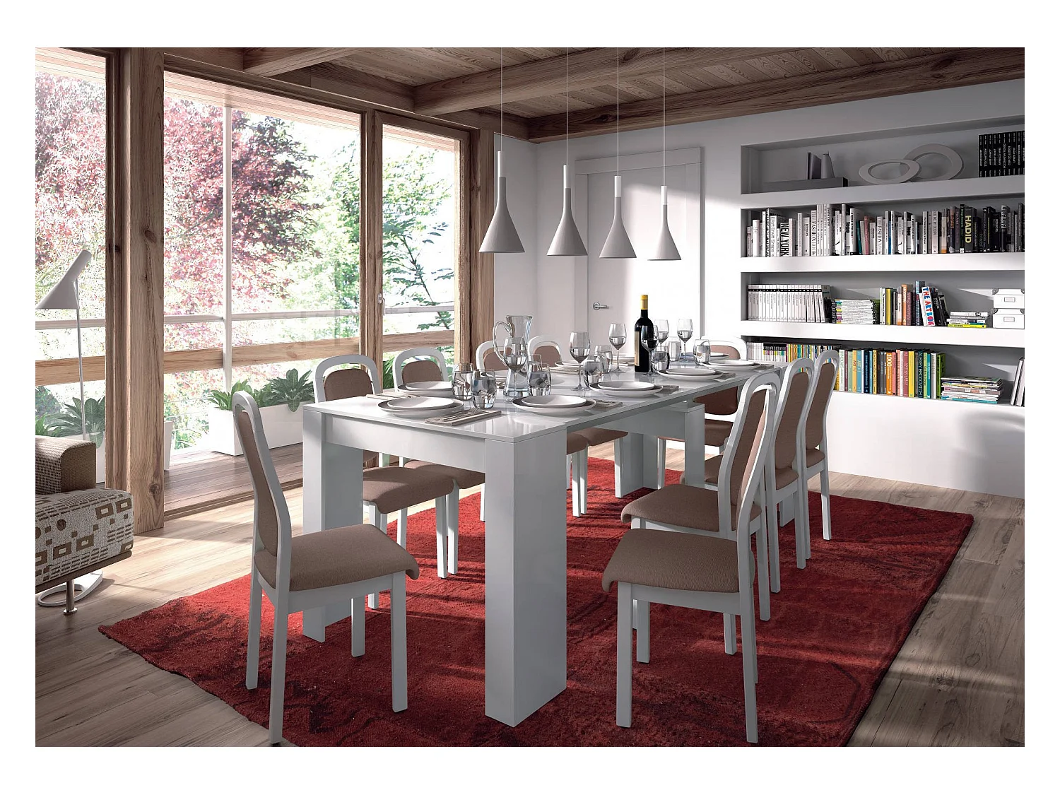 Console Compton, Table à manger extensible, Table avec rallonges polyvalentes extensible jusqu'à 10 places, 51/237x90h78 cm, Blanc Brillant