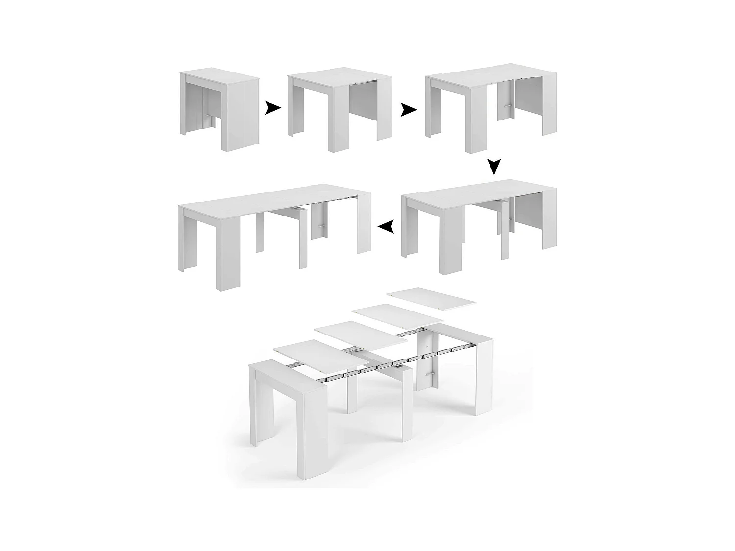 Console Compton, Table à manger extensible, Table avec rallonges polyvalentes extensible jusqu'à 10 places, 51/237x90h78 cm, Blanc Brillant