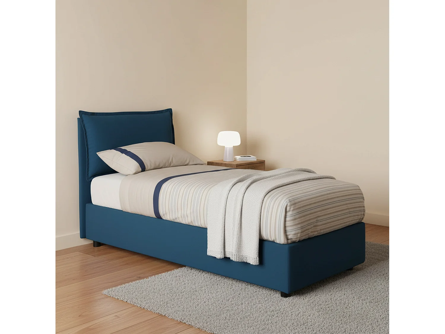Lit simple Gemma, Lit coffre avec revêtement en tissu, 100% Made in Italy, Ouverture frontale, adapté pour matelas 80x200 cm, Bleu