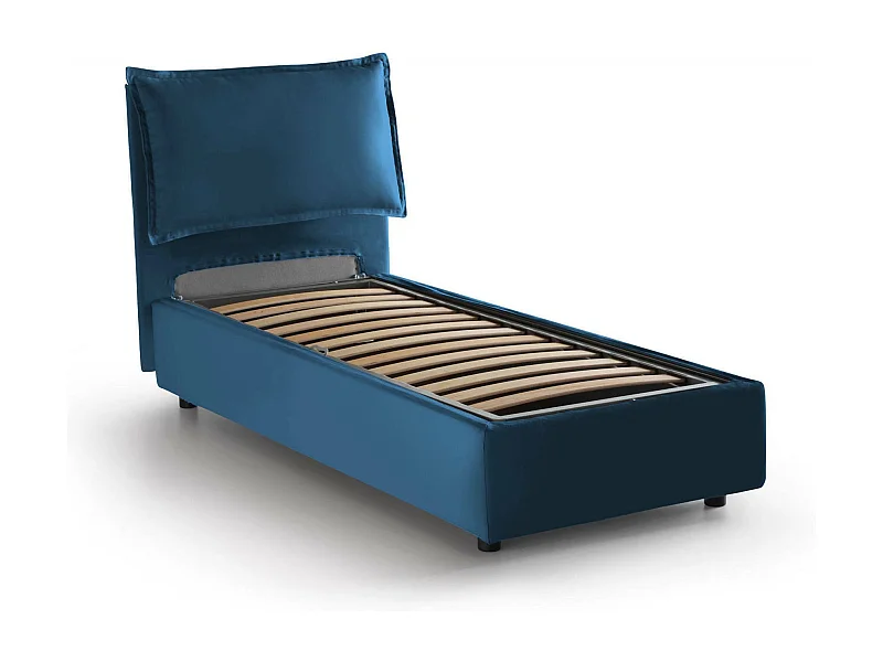 Letto singolo Gemma, Letto contenitore con rivestimento in tessuto, 100% Made in Italy, Apertura frontale, adatto per materasso Cm 80x200, Blu