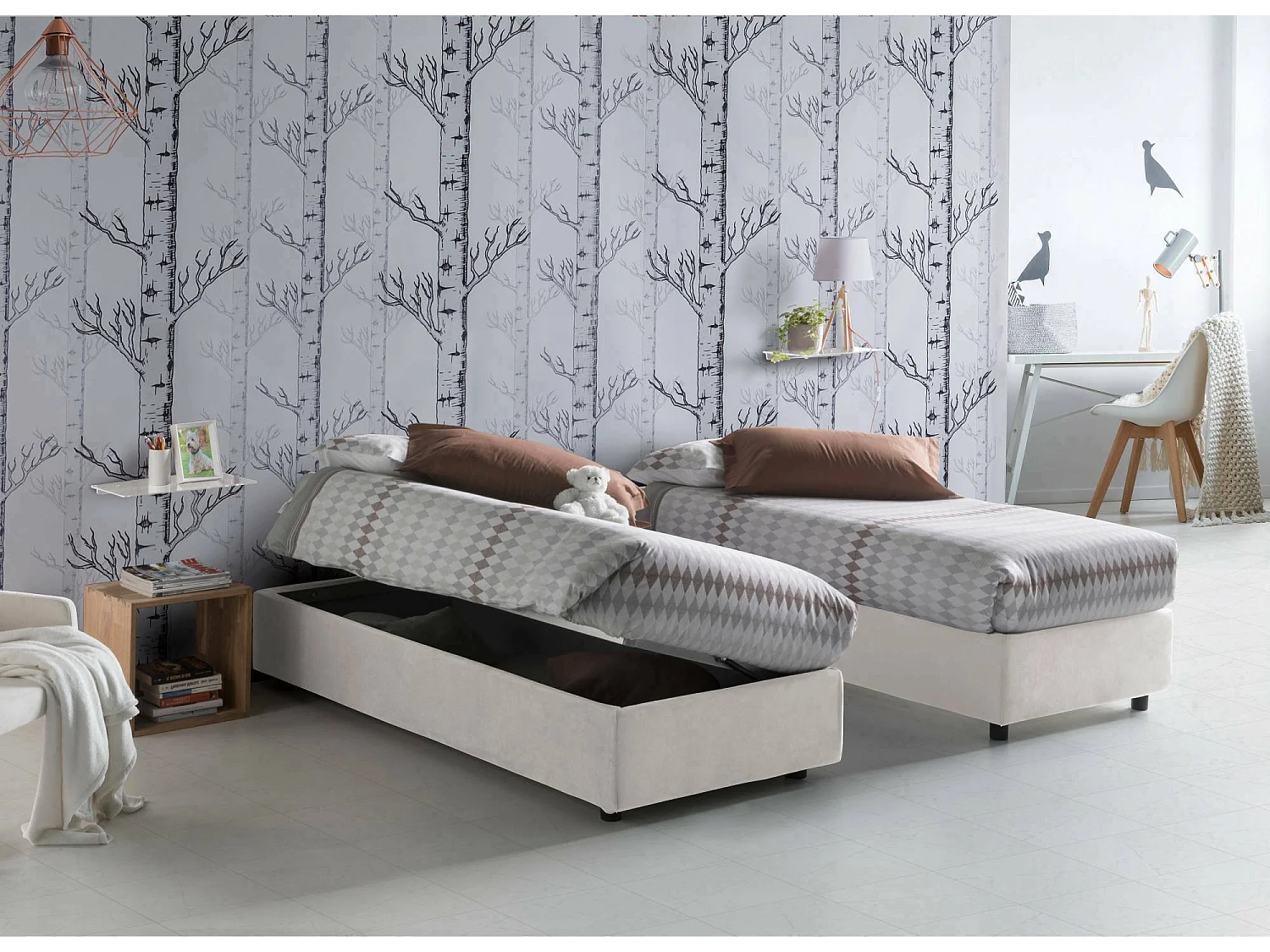Diana eenpersoonsbed, Opbergbed met stoffen bekleding, 100% Made in Italy, Zijopening, inclusief matras van 80x190 cm, Wit