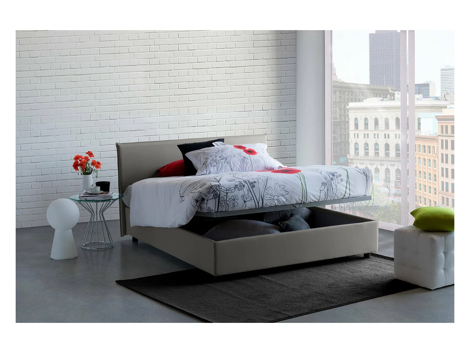 Lit double Azue, Lit coffre avec revêtement en tissu, 100% Made in Italy, Ouverture frontale, adapté pour matelas 140x190 cm, Gris