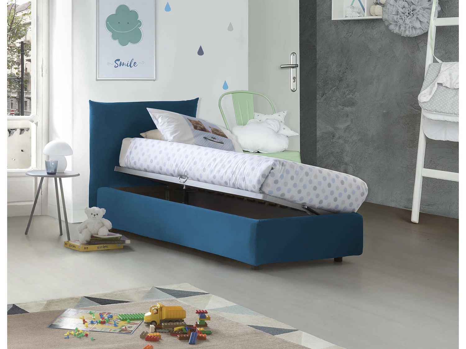 Marina eenpersoonsbed, Opbergbed met stoffen bekleding, 100% Made in Italy, Zijopening, geschikt voor matras 80x190 cm, Blauw