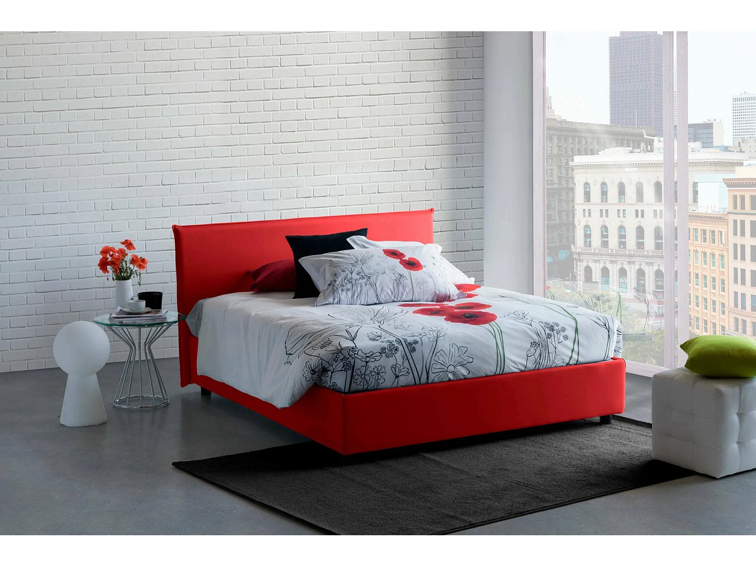 Letto matrimoniale Beata, Letto contenitore con rivestimento in tessuto, 100% Made in Italy, Apertura frontale, con materasso Cm 140x190 incluso, Rosso