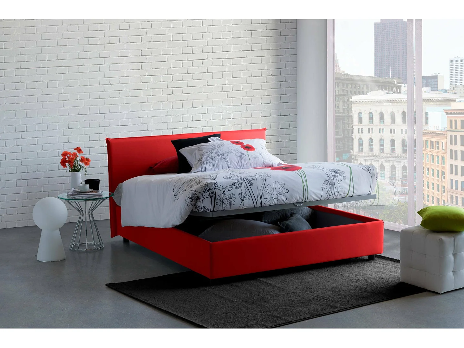 Letto matrimoniale Beata, Letto contenitore con rivestimento in tessuto, 100% Made in Italy, Apertura frontale, con materasso Cm 140x190 incluso, Rosso