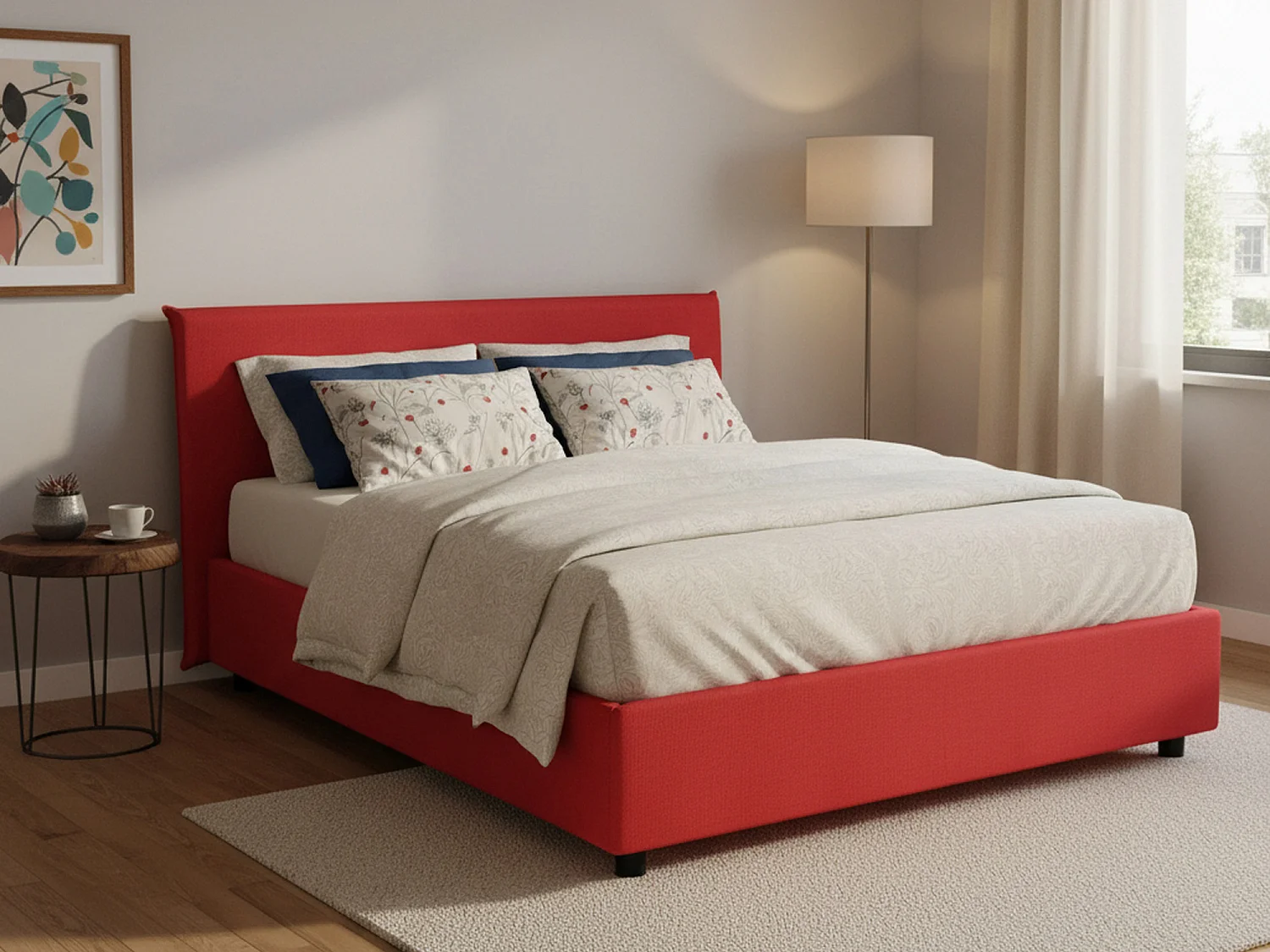 Cama de casal Beata, Cama de arrumação com forro de tecido, 100% Fabricado em Itália, Abertura frontal, com colchão 140x190 cm incluído, Vermelho
