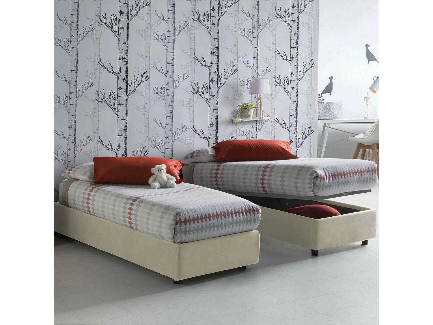 Lit simple Ilaria, Lit coffre avec revêtement en tissu, 100% Made in Italy, Ouverture frontale, adapté pour matelas 90x190 cm, Beige