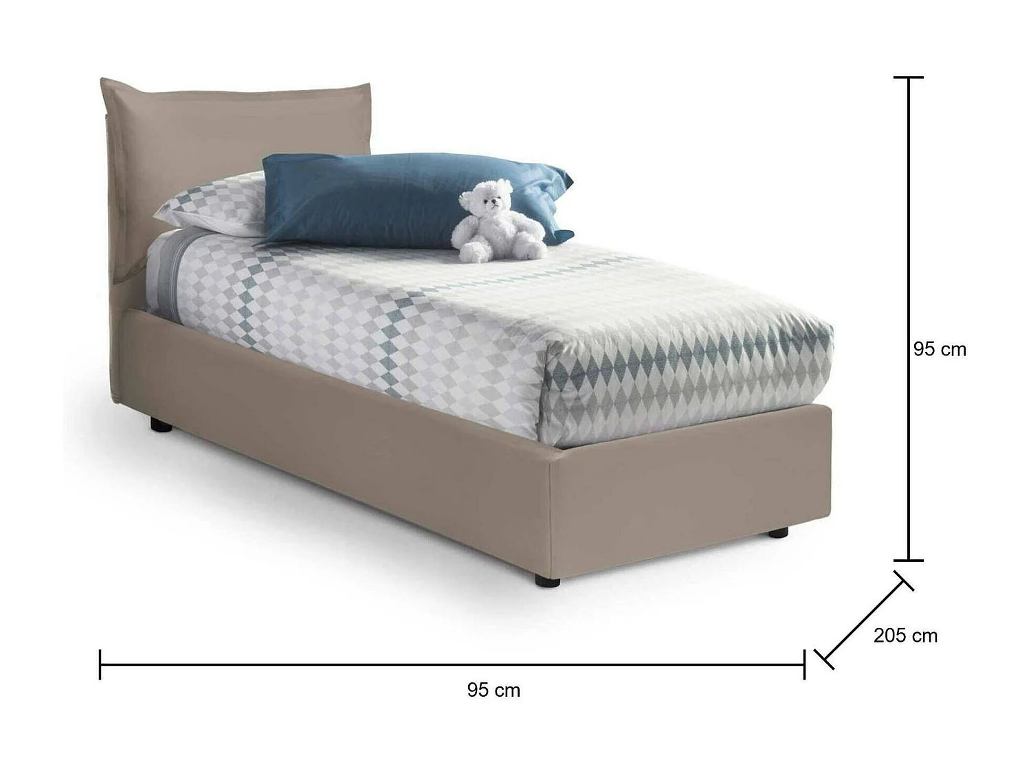 Lit simple Marianna, Lit coffre avec revêtement en éco-cuir, 100% Made in Italy, Ouverture latérale, avec matelas 80x190 cm inclus, Taupe