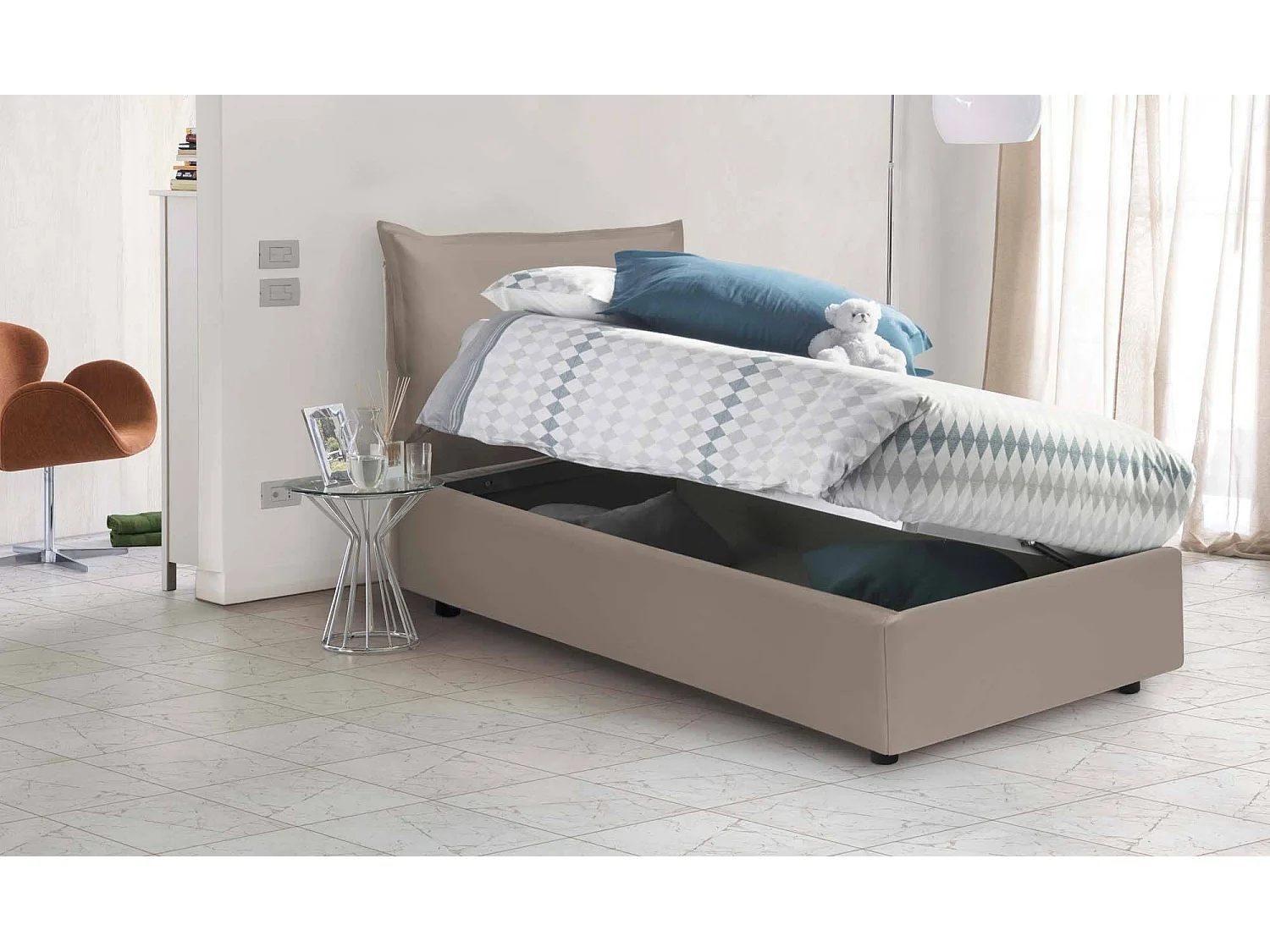 Cama de solteiro Marianna, Cama arrumação com forro de couro ecológico, 100% Fabricado na Itália, Abertura lateral, com colchão 80x190 cm incluído, Taupe