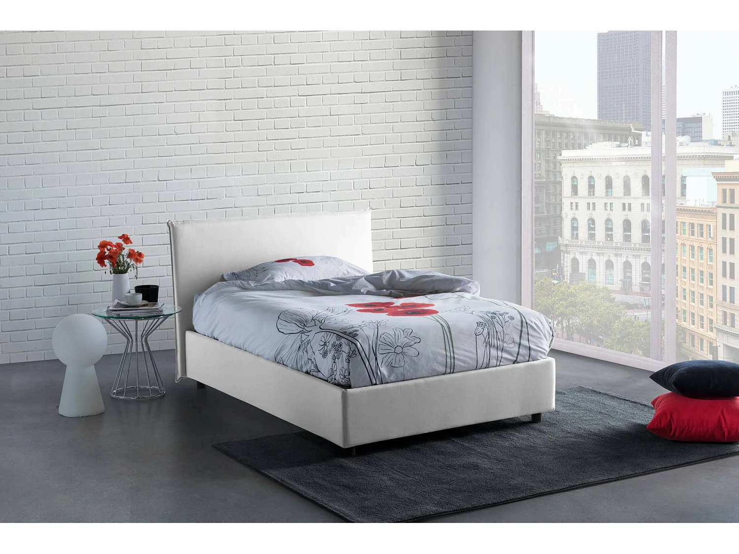 Letto piazza e mezza Astrid, Letto contenitore con rivestimento in tessuto, 100% Made in Italy, Apertura frontale, adatto per materasso Cm 120x200, Bianco