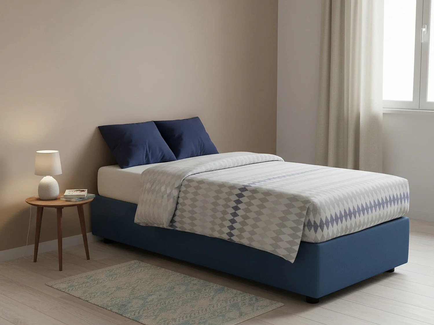 Lit simple Rachele, Lit coffre avec revêtement en tissu, 100% Made in Italy, Ouverture frontale, avec matelas 80x200 cm inclus, Bleu