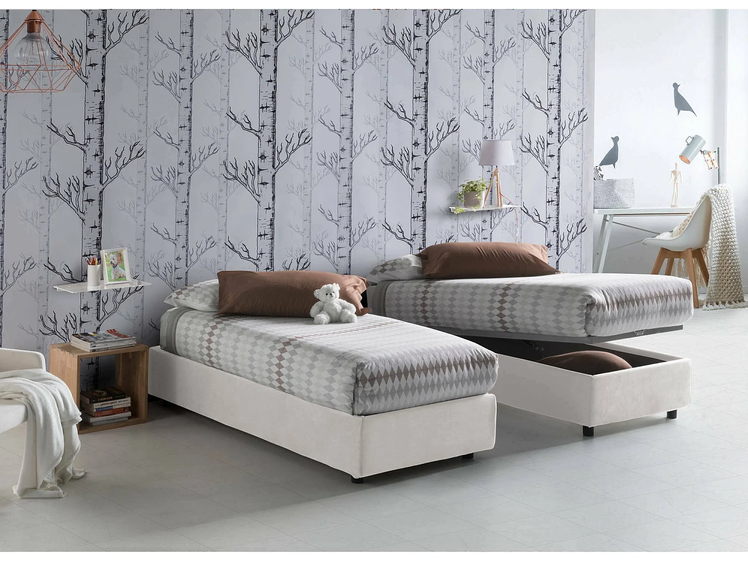 Lit simple Valentina, Lit coffre avec revêtement en tissu, 100% Made in Italy, Ouverture frontale, avec matelas 90x200 cm inclus, Blanc