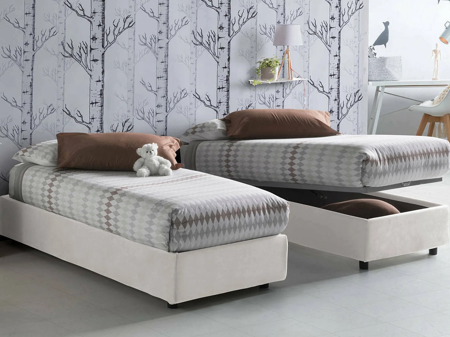 Letto singolo Valentina, Letto contenitore con rivestimento in tessuto, 100% Made in Italy, Apertura frontale, con materasso Cm 90x200 incluso, Bianco