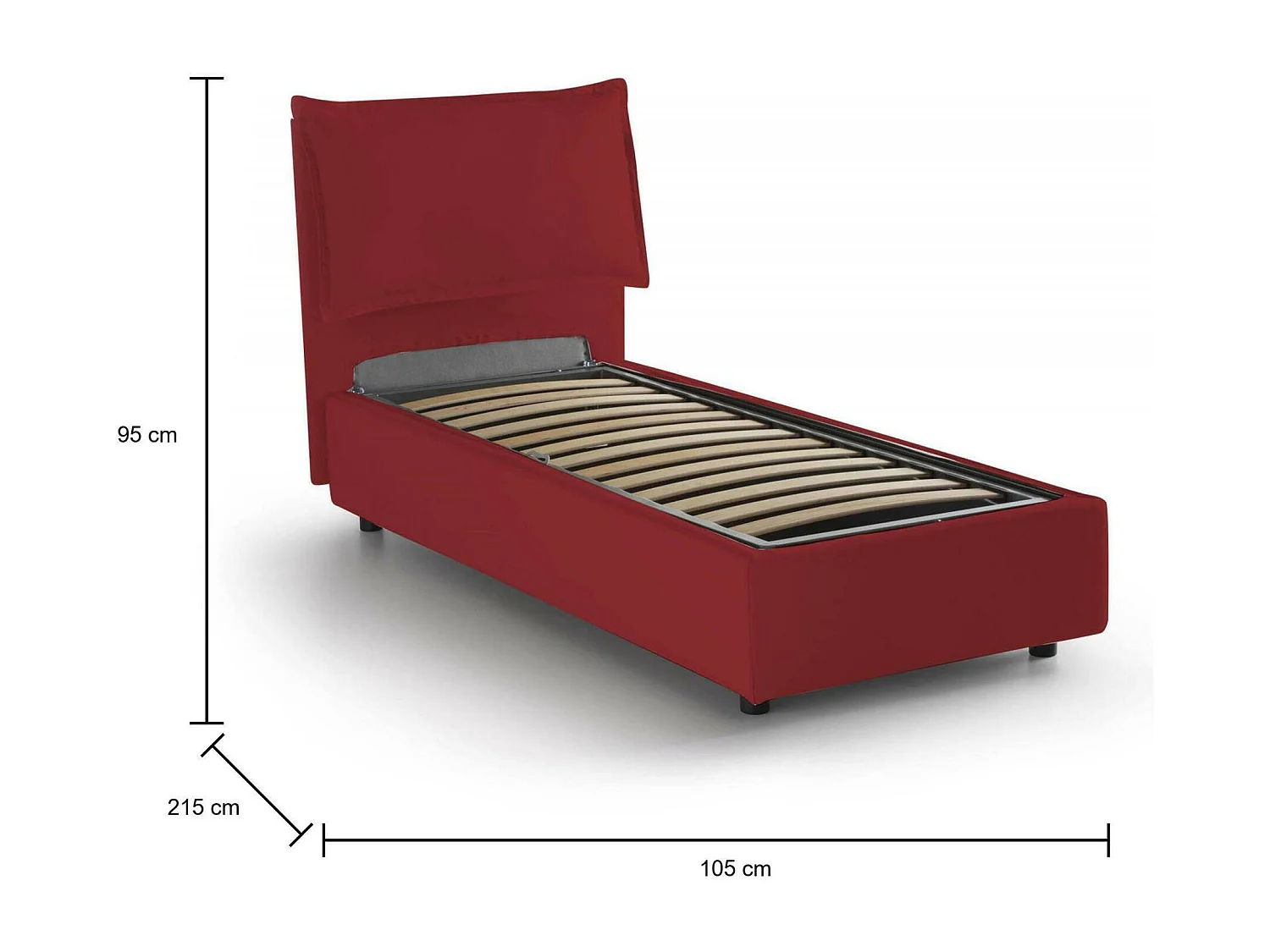 Lit simple Carla, Lit coffre avec revêtement en tissu, 100% Made in Italy, Ouverture frontale, adapté pour matelas 90x200 cm, Rouge