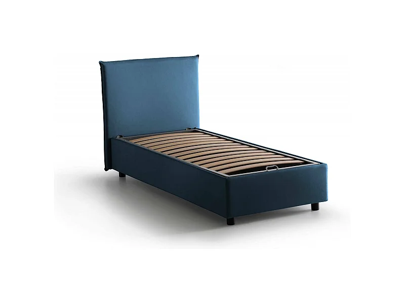 Lit simple Bruna, Lit coffre avec revêtement en tissu, 100% Made in Italy, Ouverture frontale, adapté pour matelas 80x190 cm, Bleu