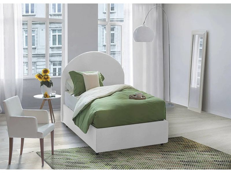 Letto singolo Beatrice, Letto contenitore con rivestimento in tessuto, 100% Made in Italy, Apertura frontale, adatto per materasso Cm 80x190, Bianco