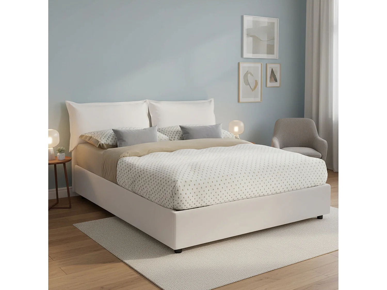 Lit double Michela, Lit coffre avec revêtement en éco-cuir, 100% Made in Italy, Ouverture frontale, avec matelas 140x190 cm inclus, Blanc
