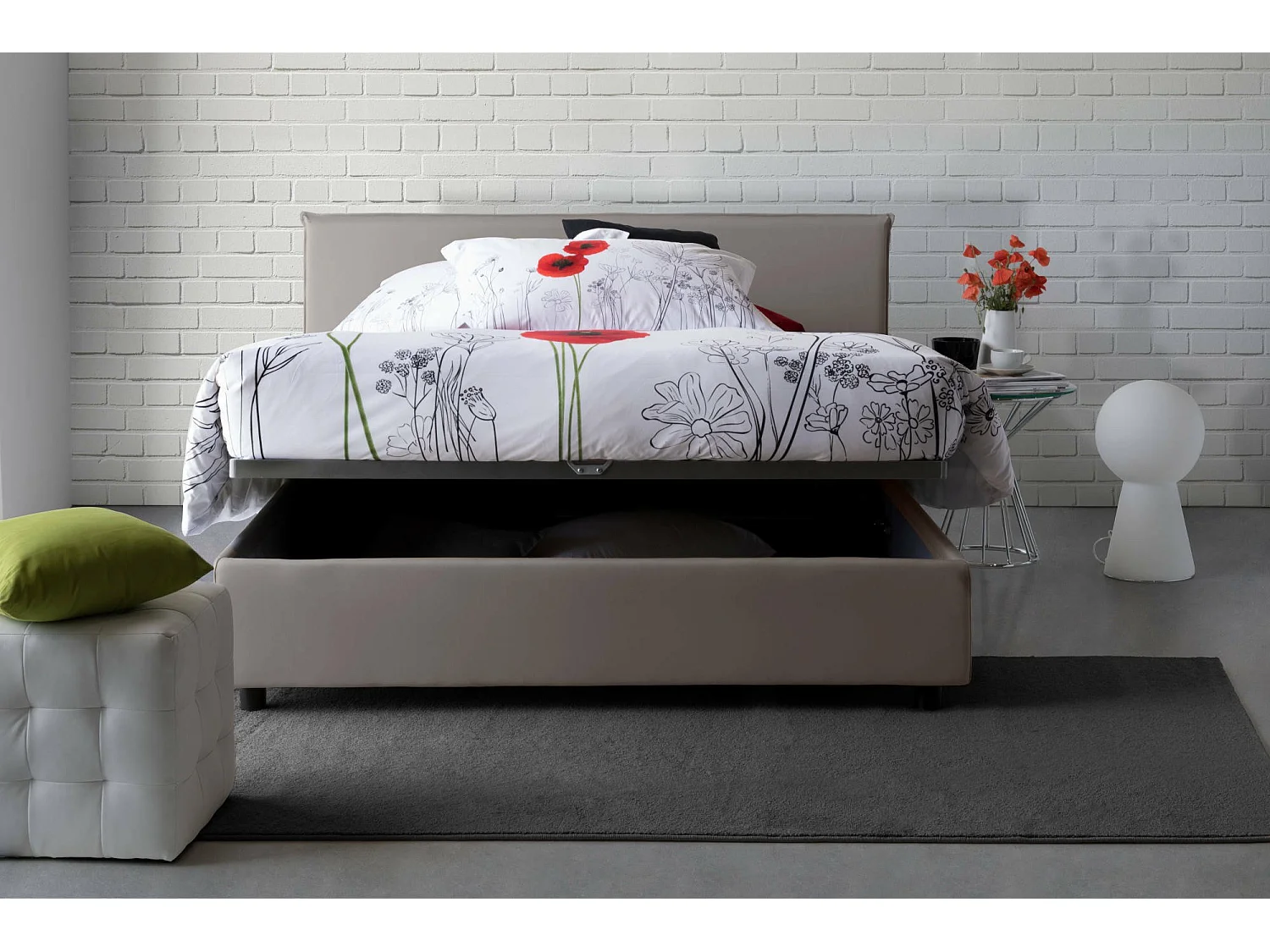 Lit double Brenda, Lit coffre avec revêtement en tissu, 100% Made in Italy, Ouverture frontale, avec matelas 160x200 cm inclus, Taupe