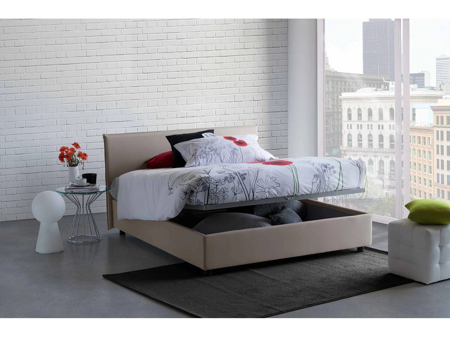 Lit double Brenda, Lit coffre avec revêtement en tissu, 100% Made in Italy, Ouverture frontale, avec matelas 160x200 cm inclus, Taupe