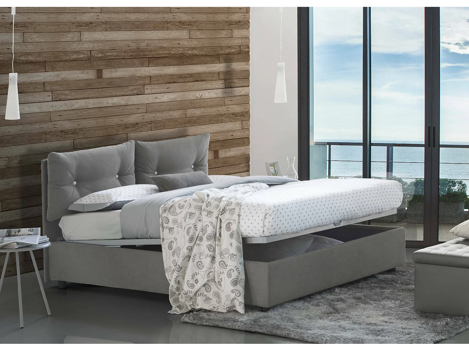 Petra tweepersoonsbed, Opbergbed met stoffen bekleding, 100% Made in Italy, Opening aan de voorkant, inclusief matras van 160x200 cm, Grijs