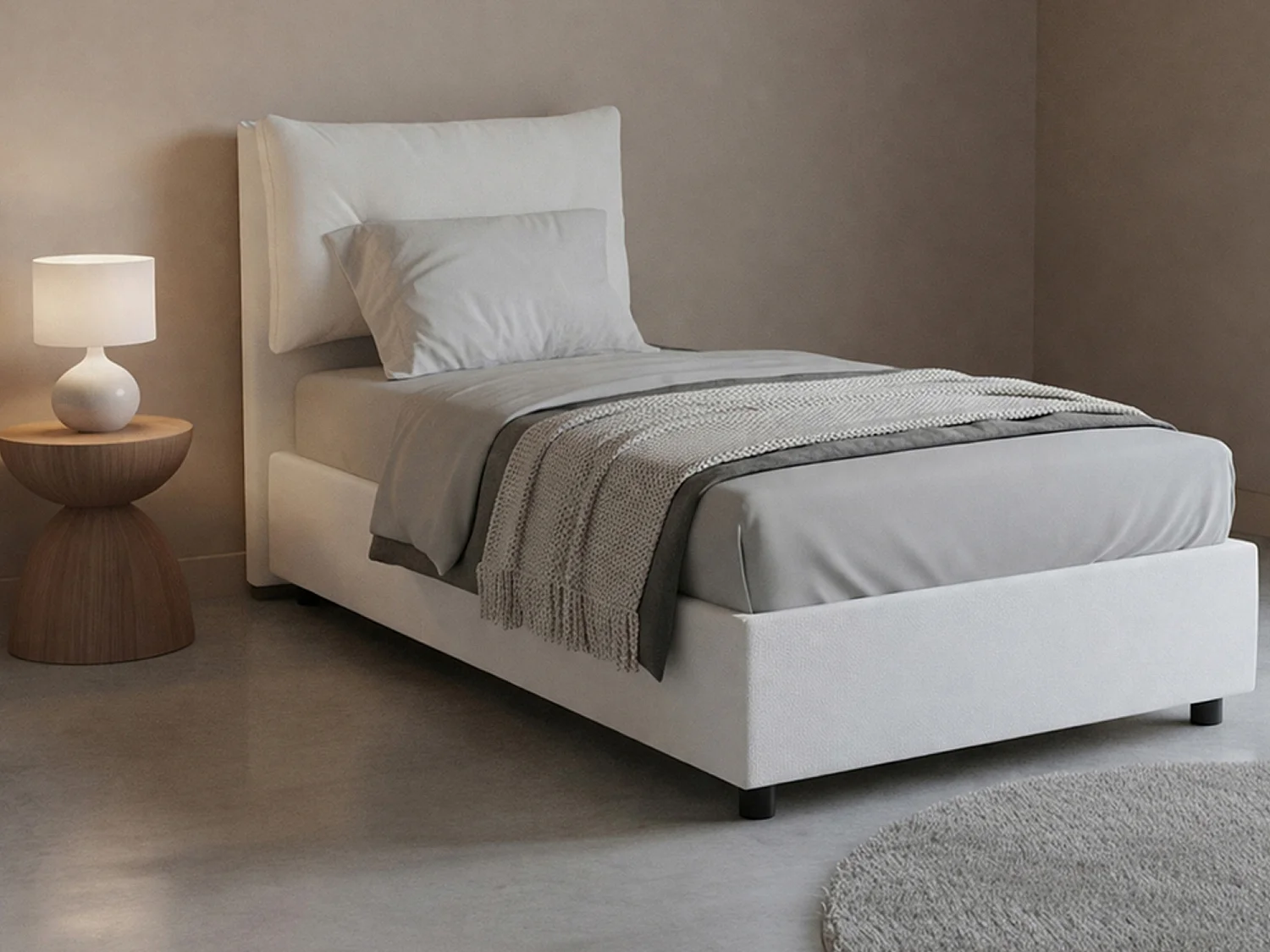 Amanda: Eenpersoonsbed Wit Met Matras, Afneembare Bekleding, Opbergvak. Gemaakt in Italië