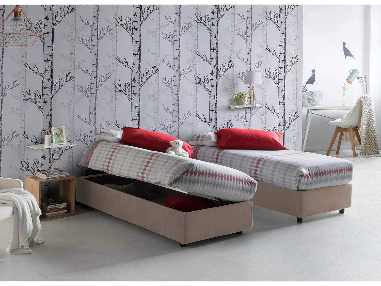 Letto piazza e mezza Camilla, Letto contenitore con rivestimento in tessuto, 100% Made in Italy, Apertura laterale, adatto per materasso Cm 120x190, Tortora