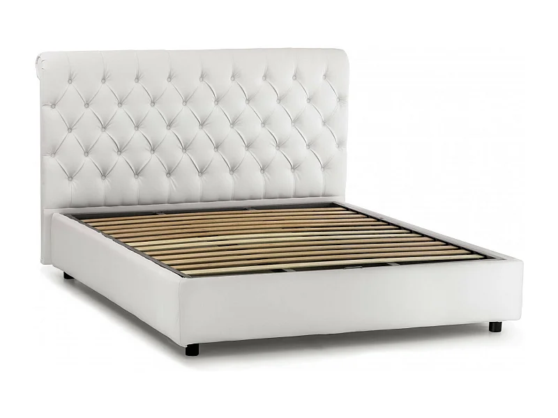 Lit double Claretta, Lit coffre et tête de lit en éco-cuir, 100% Made in Italy, Ouverture frontale, Blanc, avec matelas 160x190 cm inclus