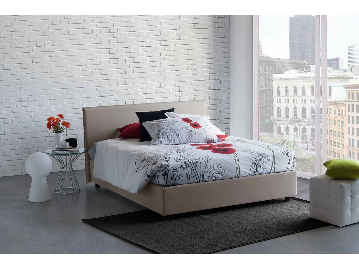 Berenice Doppelbett, Bettkasten mit Stoffbezug, 100 % Made in Italy, Ã–ffnung vorne, geeignet für Matratze 140 x 200 cm, Taupe